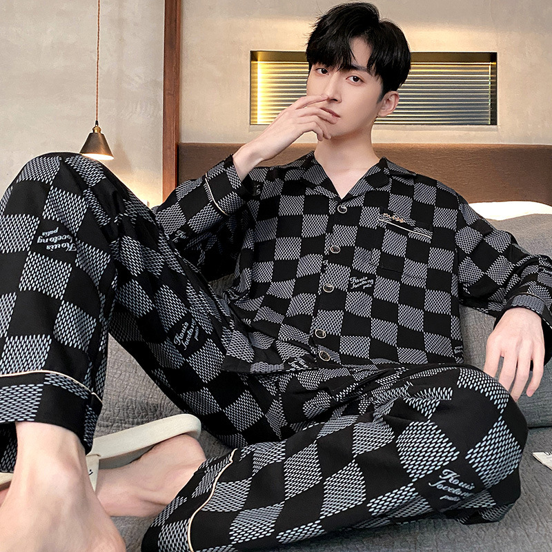 Pijamas de los hombres de primavera y otoño 100% algodón pantalones de manga larga delgada más tamaño de los hombres de alto grado traje de desgaste para el hogar