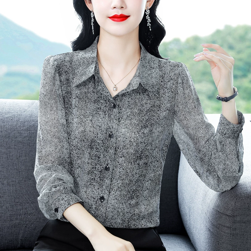 Фабрика прямых продаж имитация шелковых шифоновых рубашек женский топ 2024 Новый женский принт с длинными рукавами тонкая рубашка