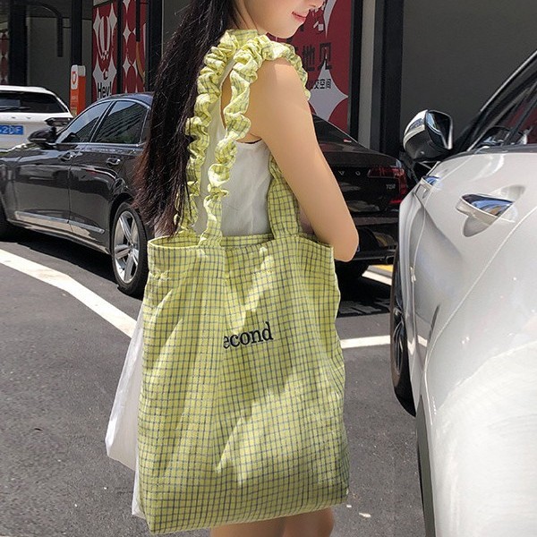 韩国东大门春夏款设计师简约印花字母条纹帆布包女ins百搭单肩包