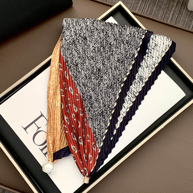 Hebilla de succión magnética collar de perlas bufanda de seda larga y estrecha bufanda de cuello femenino con camisa bufanda fina bufanda de seda plisada bufanda