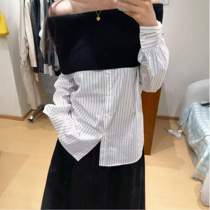 十三行早秋新款设计感一字肩条纹衬衫女法式宽松慵懒风长袖上衣|undefined