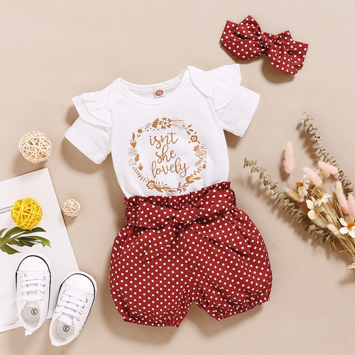 Girls' Summer Outfit European and American Style Popular Short-sleeved Letter Romper + Floral Polka Dot Shorts Three-piece Set