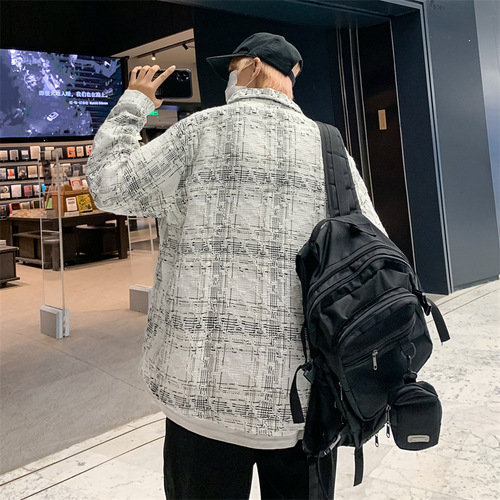 Men's Small Floral Collar Checkered Blazer Jacket, 24th Autumn, Versatile Loose Casual High-End Shirt for Boys