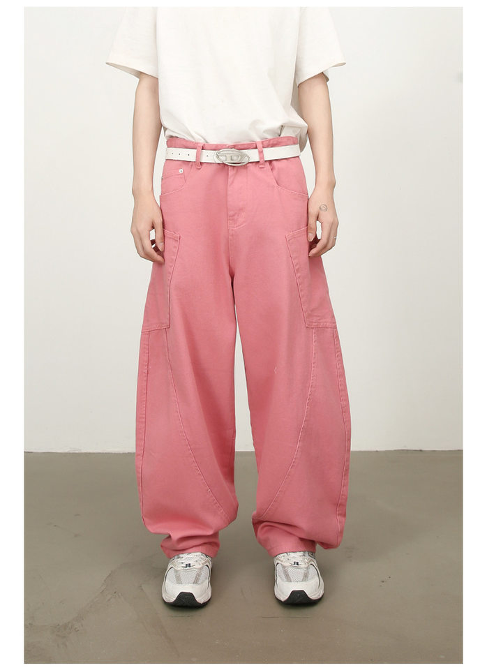 Quần jean nam ống rộng phong cách đường phố retro, nhiều túi hộp, dáng lỏng lẻo — Denim đen, Trắng, màu hồng, màu xanh chi tiết 18