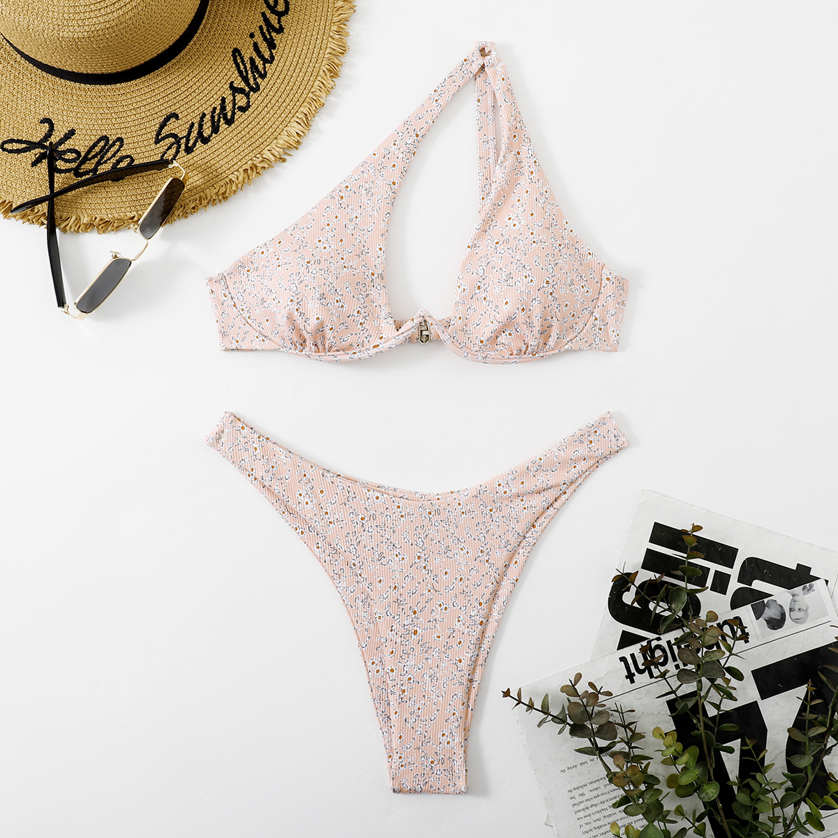 Sobre el producto: Nuevo estilo europeo y americano caliente multicolor sexy damas split traje de baño sólido solo hombro acero bikini