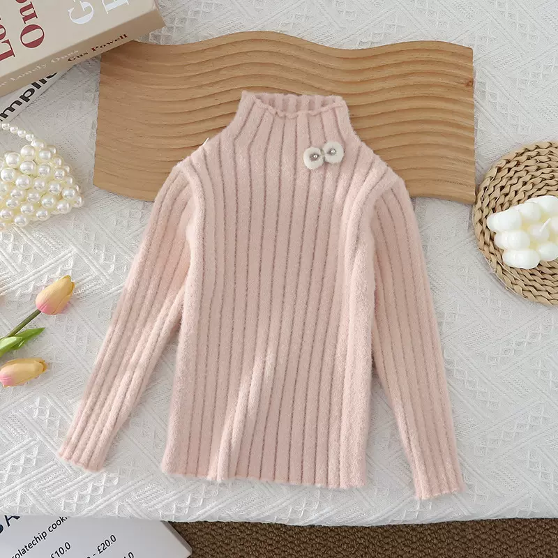女童毛衣秋季2025半高领修身毛衣坑条弹力百搭紧身打底针织衫