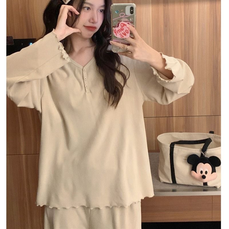 따뜻한 긴 소매 벨벳 투피스 홈 옷을 입고 여성 세트 단색 기모 한국 느슨한 귀여운