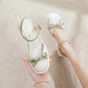 Baotou Sandals for Women 2025 New Summer Shoes with Skirts Thick Heels Shallow Mouth Small Leather Shoes Bow Fairy Shoes