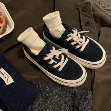 葡萄ma同款圆头厚底加绒系带帆布鞋女低帮百搭板鞋秋冬保暖休闲鞋