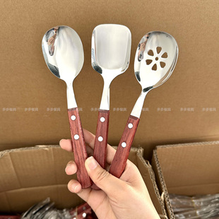 Solid Wood Handle Stainless Steel Large Spoon Service Spoon Large Dishes Spoon Shovel Spoon Canteen Thickened Dishes Spoon Public Spoon