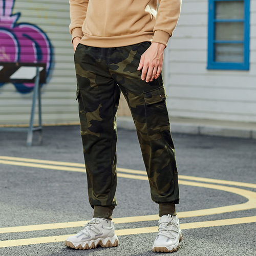 Spring and Autumn Loose Fit Multi-Pocket Camouflage Sports Casual Pants for Men with Drawstring Mid-Waist Belted Ankle Pants Workwear