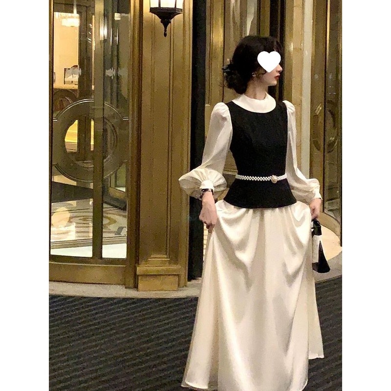 千金法式赫本风复古春秋季黑色拼接长袖连衣裙女纯色中长裙|undefined