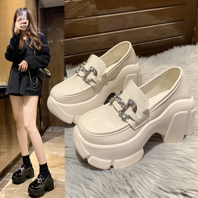 2023 년 봄에 여성 두꺼운 신발 여성 고층 로퍼 8CM 하이 솔 샌들 PU 가죽 신발