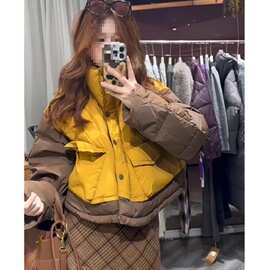 冬季欧货新款美拉德穿搭宽松黄咖拼色立领短款棉衣棉服外套女