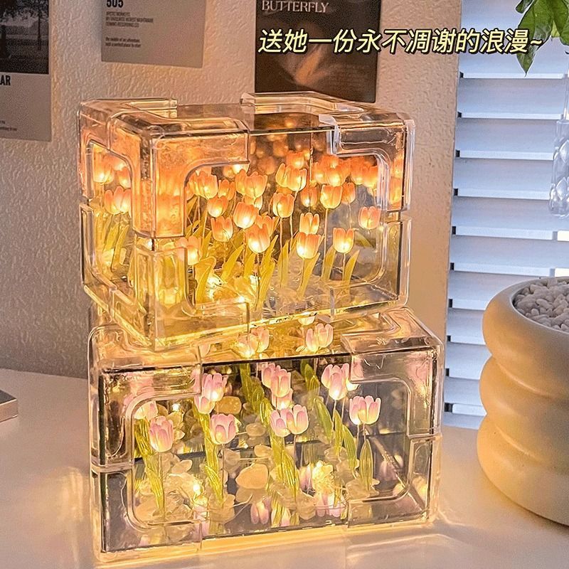 Diy Tulipan flores mar lámpara de noche espejo rectangular pareja novia Día de San Valentín Diy lámpara caja de regalo ramo de flores iluminado