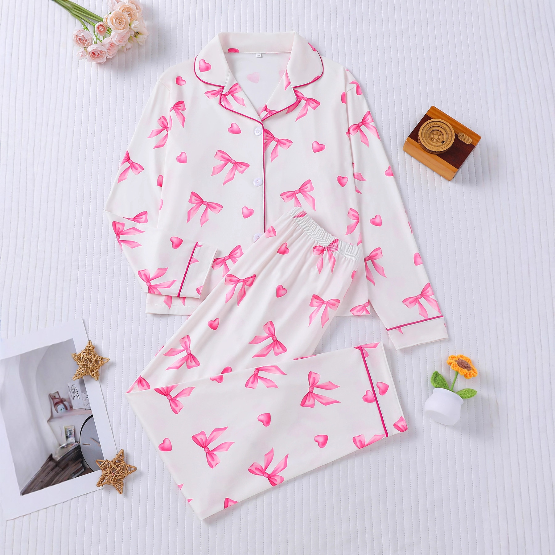 Cross-Border New Style Children's Bow Print Long-Sleeve Long-Pants Pajama Set, Comfortable and Versatile Loungewear Wholesale