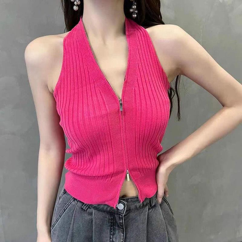 Korean-style Slim-fit Slimming Spice Girl All-match Summer New Pure Backless Zipper Neck Shoulder Strap Knitted Top