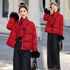 2025新款冬装新年战袍红色感新中式国风提花羽绒服女短款外套