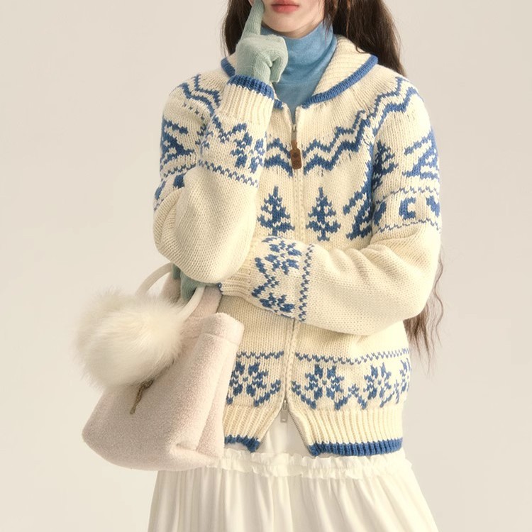 Abbigliamento da donna Inverno Sci Originale Nordico Retro Fair Isle Albero di Natale Maglione Cardigan in maglia larga Giacca_voghion.com