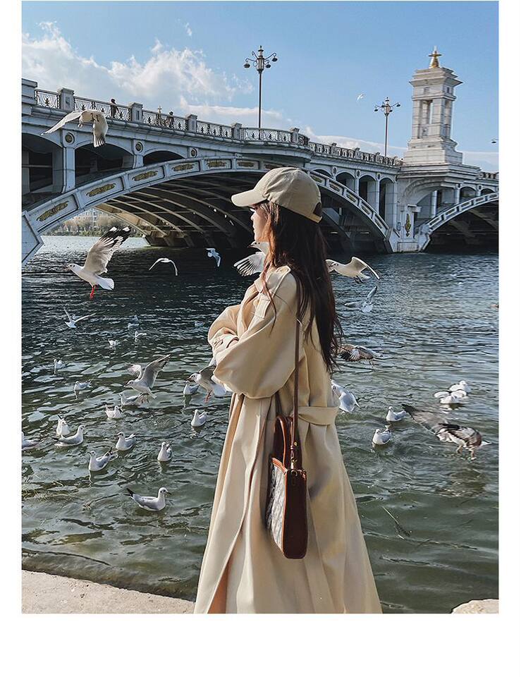 Áo khoác trench coat nữ dáng dài trung bình, form rộng, cổ vest, tay dài, phong cách thanh lịch — Màu be (chất lượng cao cấp) chi tiết 8