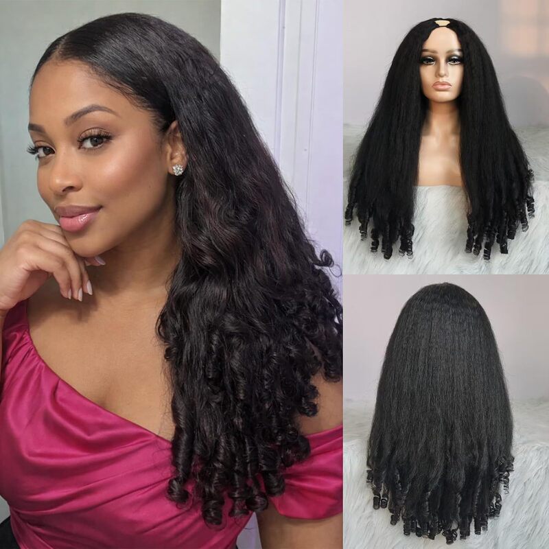 V-Part Wig Yaki Wild Straight Hair with Burmese Spiral Curls, with Drawstring U-Part Wig