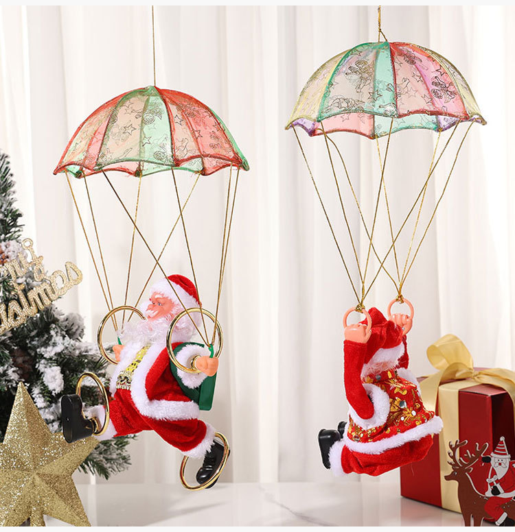 Decorazione natalizia creativa da appendere al soffitto con paracadute elettrico e musica di Babbo Natale, capriola e danza, regalo_voghion.com