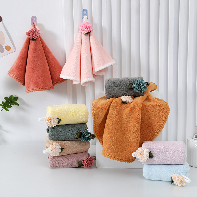 Round Towel Coral Fleece Hanging Absorbent Small Towel Lace Flower Hanging Towel Cute Girl's Handkerchief Towel Kitchen