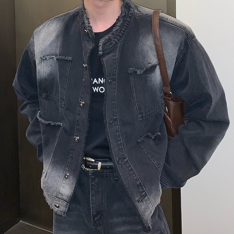 Giacca in denim da uomo alla moda, stile High Street, con bordi grezzi, stile casual, lavato, retrò, sfumato, vestibilità ampia, design di nicchia_voghion.com