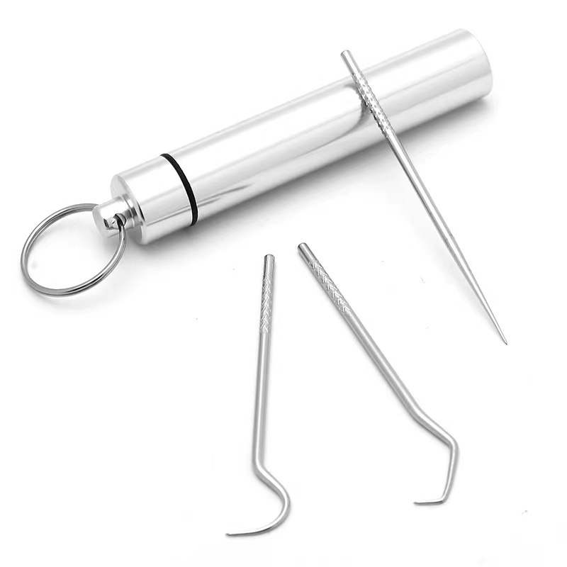 Oral care tool for cleaning interdental debris, keychain outdoor portable stainless steel toothpick holder set wholesale