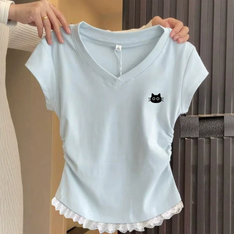 2026 Summer New Popular Korean Style Sweet Lace Slim-Fit Blouse V-Neck Top Ruched Slimming Short-Sleeve T-Shirt for Women