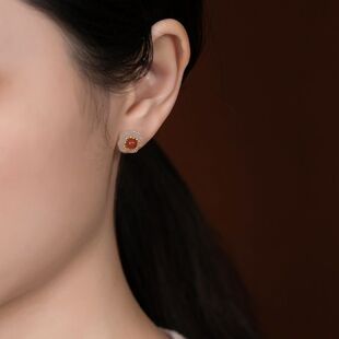 925 Sterling Silver Gold-Plated Southern Red Agate and Field Jade Earrings, Retro Versatile Elegant Plum Blossom Women's Earrings with Certificate