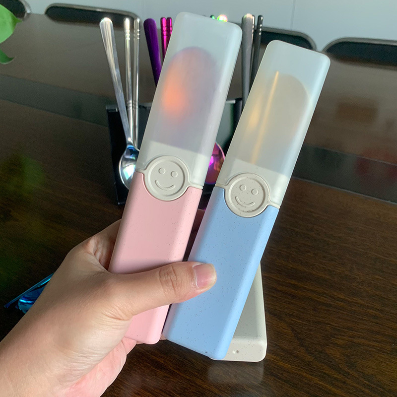 Student Tableware Storage Box Set Creative Smiling Face Portable Box Kidsren's Travel Outdoor Spoon and Chopsticks Tableware Convenient Set