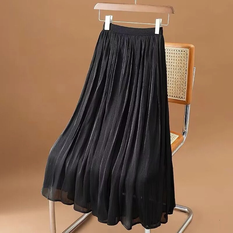 Streamer Yarn Chiffon Skirt Women's Summer New Milk Pearlescent Elegant Willow Wrinkle Pleated Skirt Mid-Length A3587