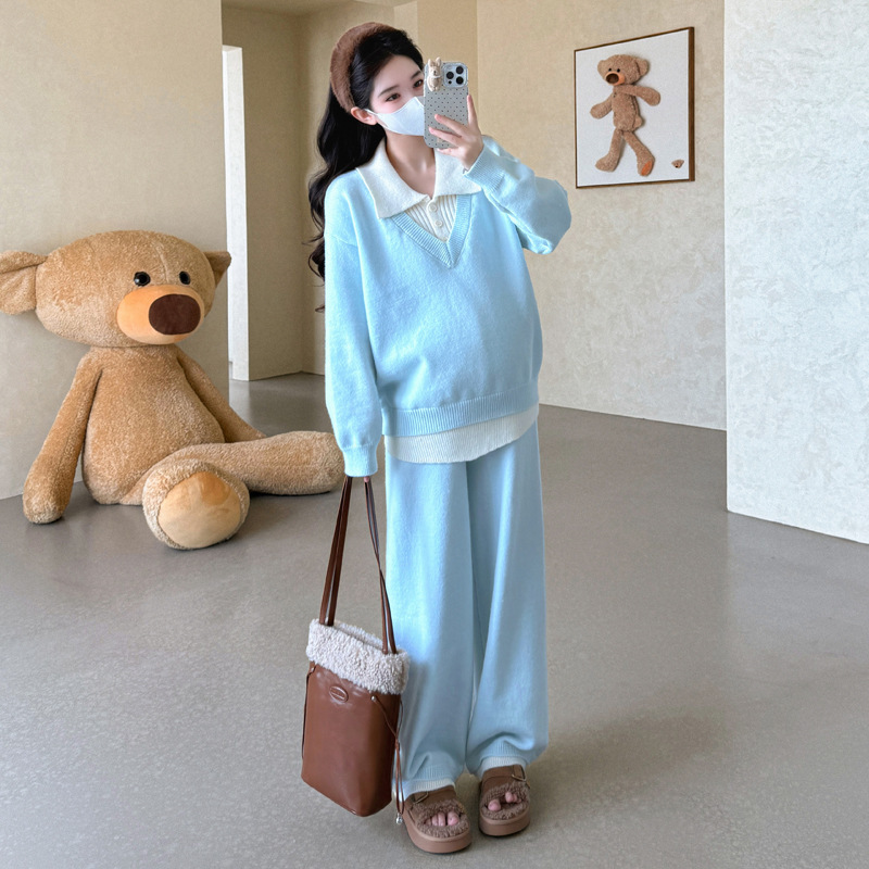 孕妇装秋季潮妈新款假两件上衣阔腿裤怀孕期高级感穿搭针织两件套|undefined
