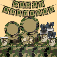 新しい退役軍人の迷彩テーマの男の子の使い捨て誕生日パーティーの旗紙皿紙コップティッシュセット