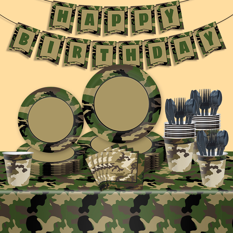 New Veteran Camouflage Theme Boy Disposable Birthday Party Flag Paper Plate Paper Cup Tissue Set