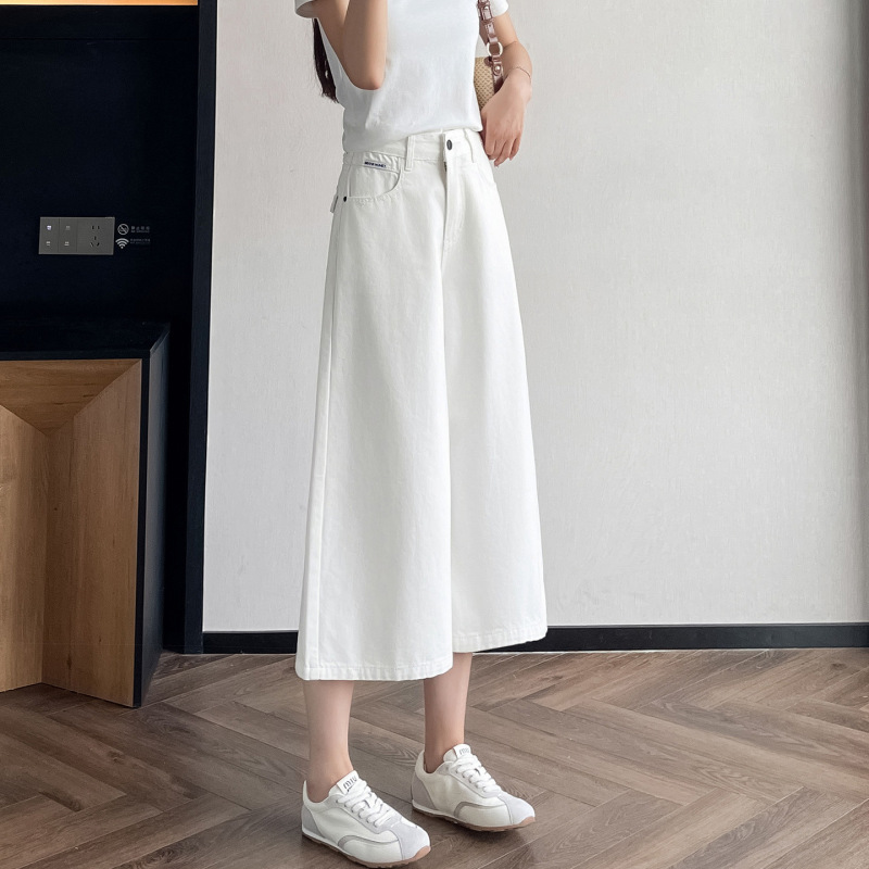Pure Cotton Cropped Wide-Leg Pants for Women 2026 New Summer Thin High-Waisted Casual White Loose Denim Mid-Length Pants 11881