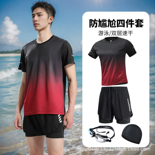 Red black trousers, swimming cap, with short sleeve