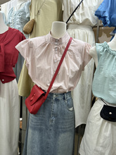 韩版夏季2024年时尚净色飞袖设计立领单排扣文艺百搭衬衣女