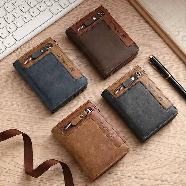 2026 Men's New Style Zipper Small Square Bag Retro Vertical Style Multi-Card Slot Functional Wallet Zipper Coin Purse Id Bag