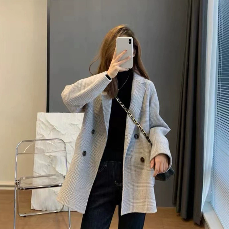 Двустороннее твидовое Короткое шерстяное пальто, женское осень-зима 2022, новый свободный шерстяной костюм в Корейском стиле