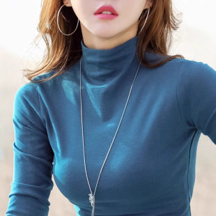 Cotton Slim-Fit Base Shirt Women's Long-Sleeved T-Shirt Half-High Neck Half-Collar Stylisch 2024 Spring and Autumn