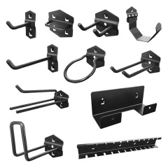 黒色の四角い穴の板のフックの工具棚の部品の物置棚の金属の四角い穴の掛け板は収納棚の金属を展示します。