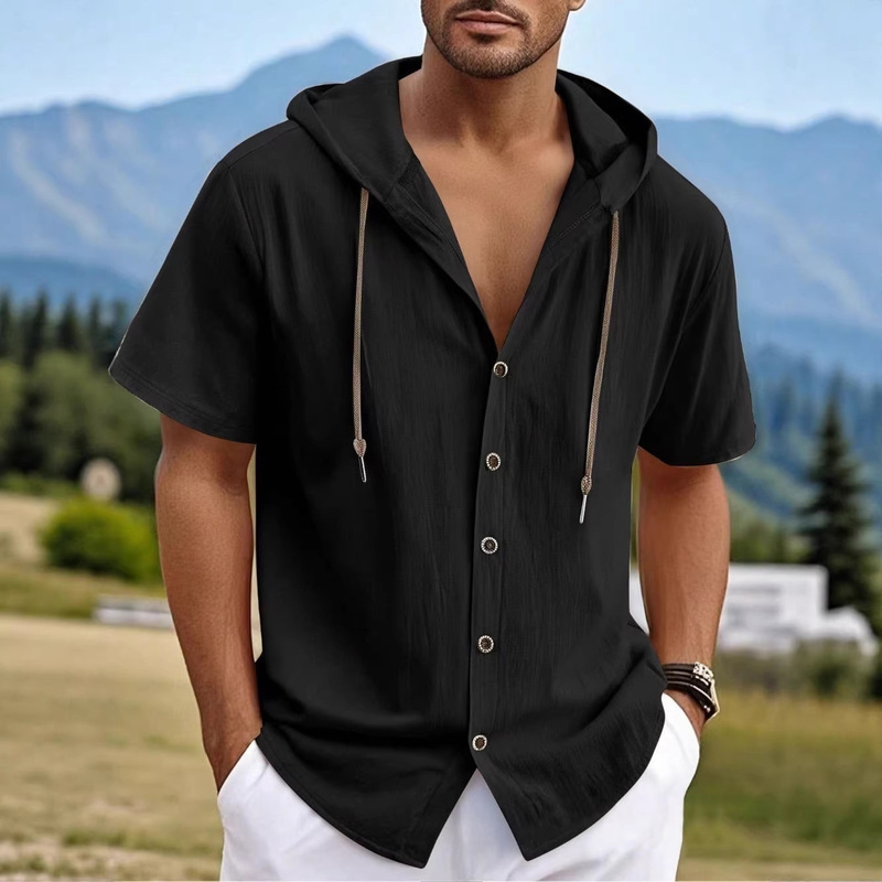 Men's Versatile Summer Loose Casual Fashion Hooded Shirt, Solid Color Short-Sleeve Trendy Wholesale Cross-Border