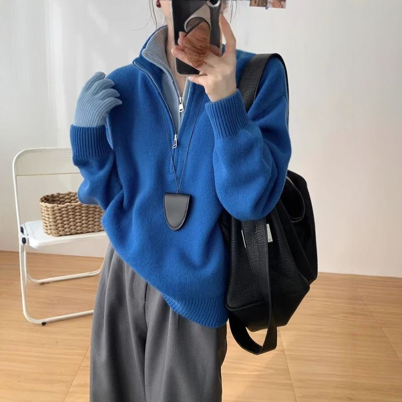 假两件高级设计感毛衣慵懒新款针织衫休闲百搭宽松秋冬拉链上衣|undefined
