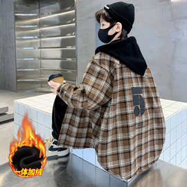 男童格子加绒加厚衬衫外套秋冬2025新款冬装儿童连帽上衣中大童潮