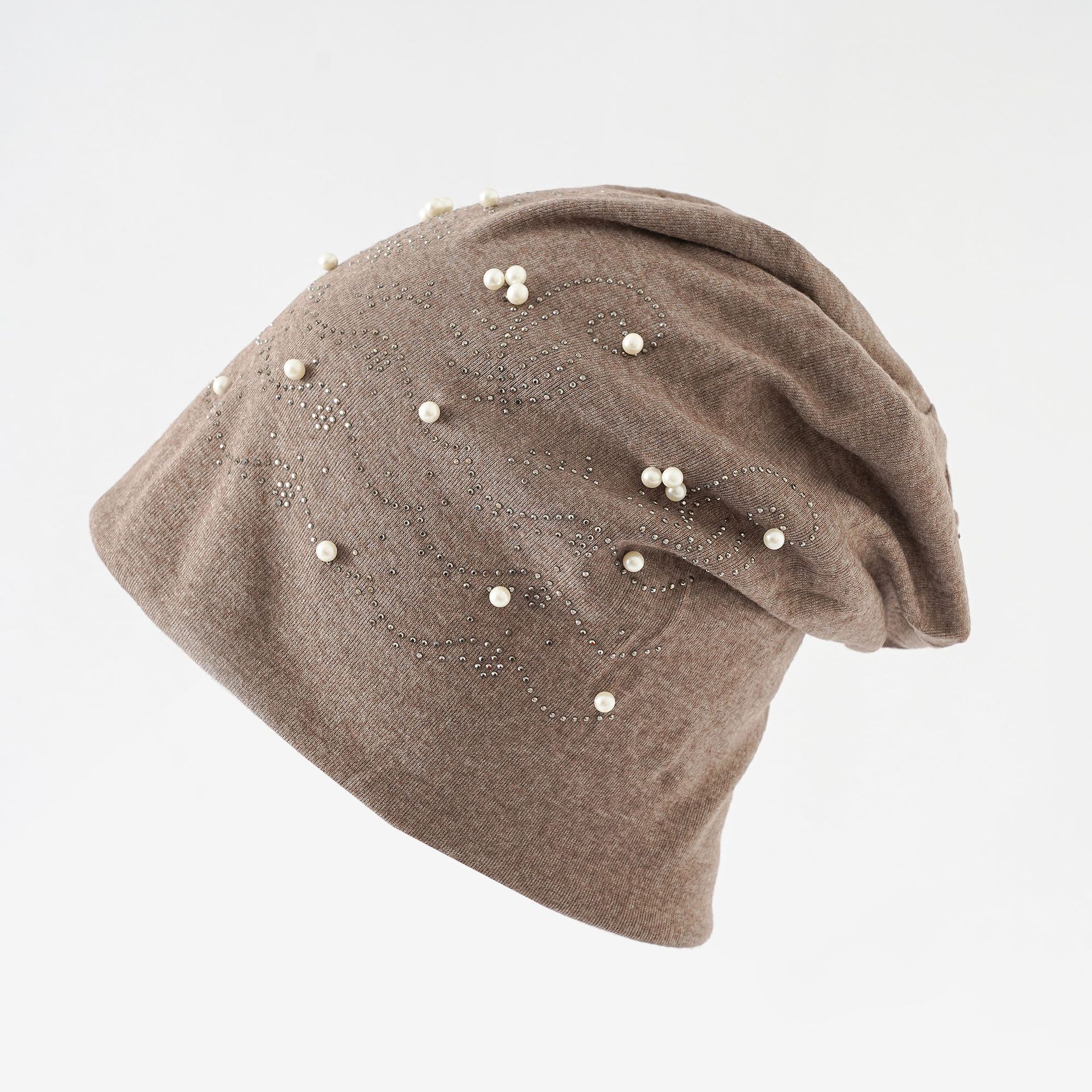 Las mujeres europeas y americanas de otoño e invierno nuevo cálido brimless rhinestone perla color sólido suéter sombrero al aire libre pila sombrero