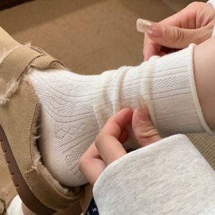 Women's Black and White Socks Spring and Summer Vintage Cream Style Curled Mid-tube Stacked Socks Solid Color Simple Moonie Socks Ins Trendy