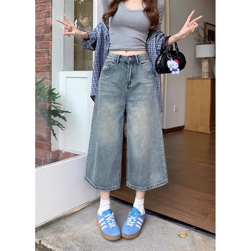 Women's Summer New Wide Leg Vintage Denim Pants, Plus Size 7/8 Length Loose High-Waisted Slim Straight Leg Jeans