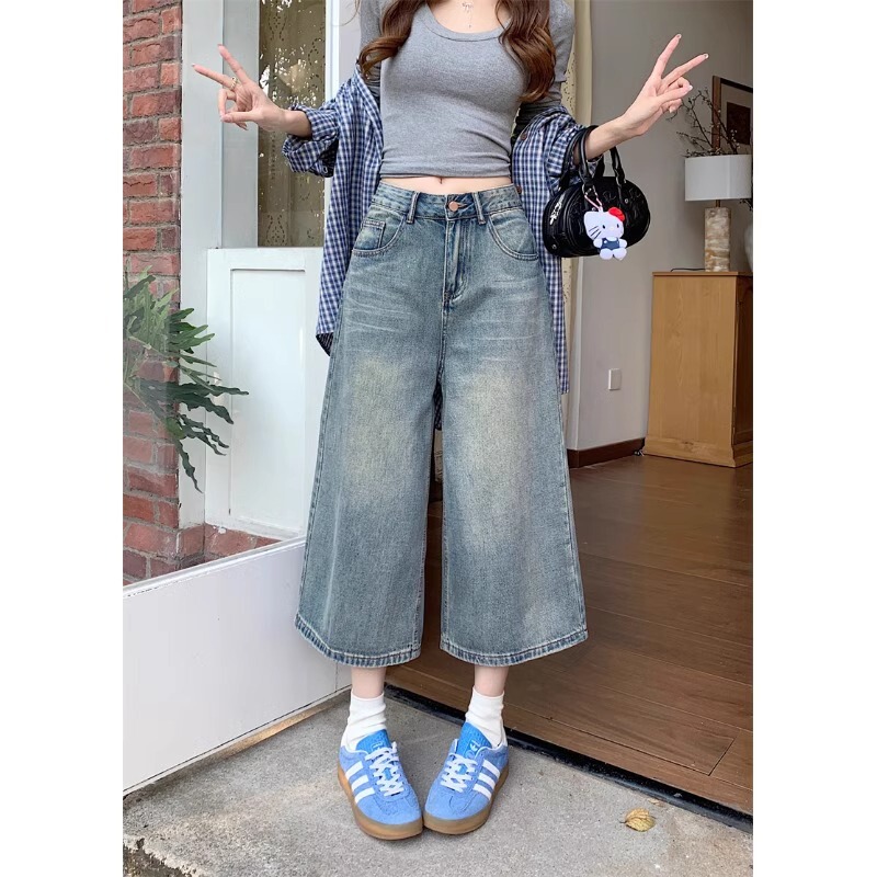 American Retro Wide-Leg Jeans for Women, Summer New Large Size Cropped Pants, Loose High-Waisted Slim Straight-Leg Cropped Pants